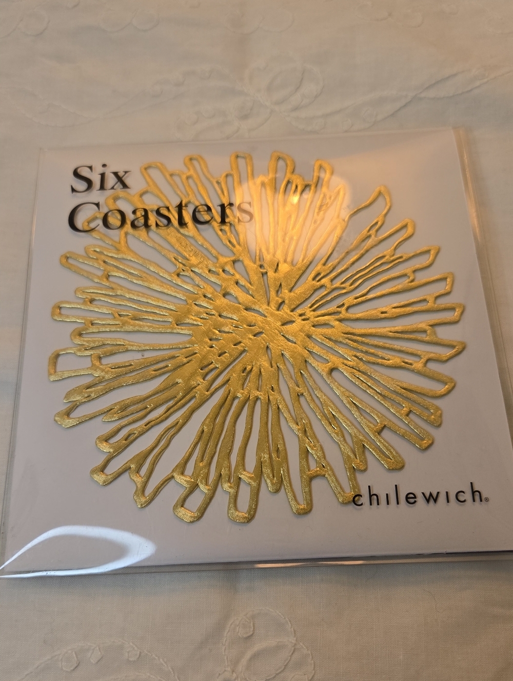 Chilewich Bloom Coasters White and Gold Floral Coaster Set of Six NWT